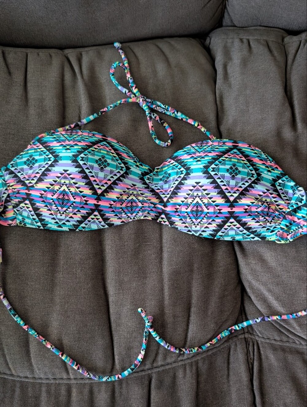 No Boundaries Teal Multicolor Aztec Halter Bikini Top